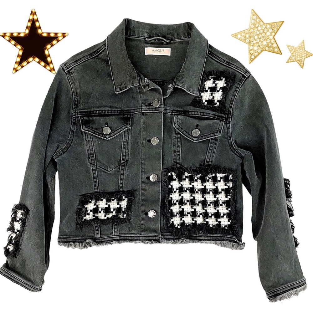 Amour Love frayed patchwork denim statement jacket, charcoal gray